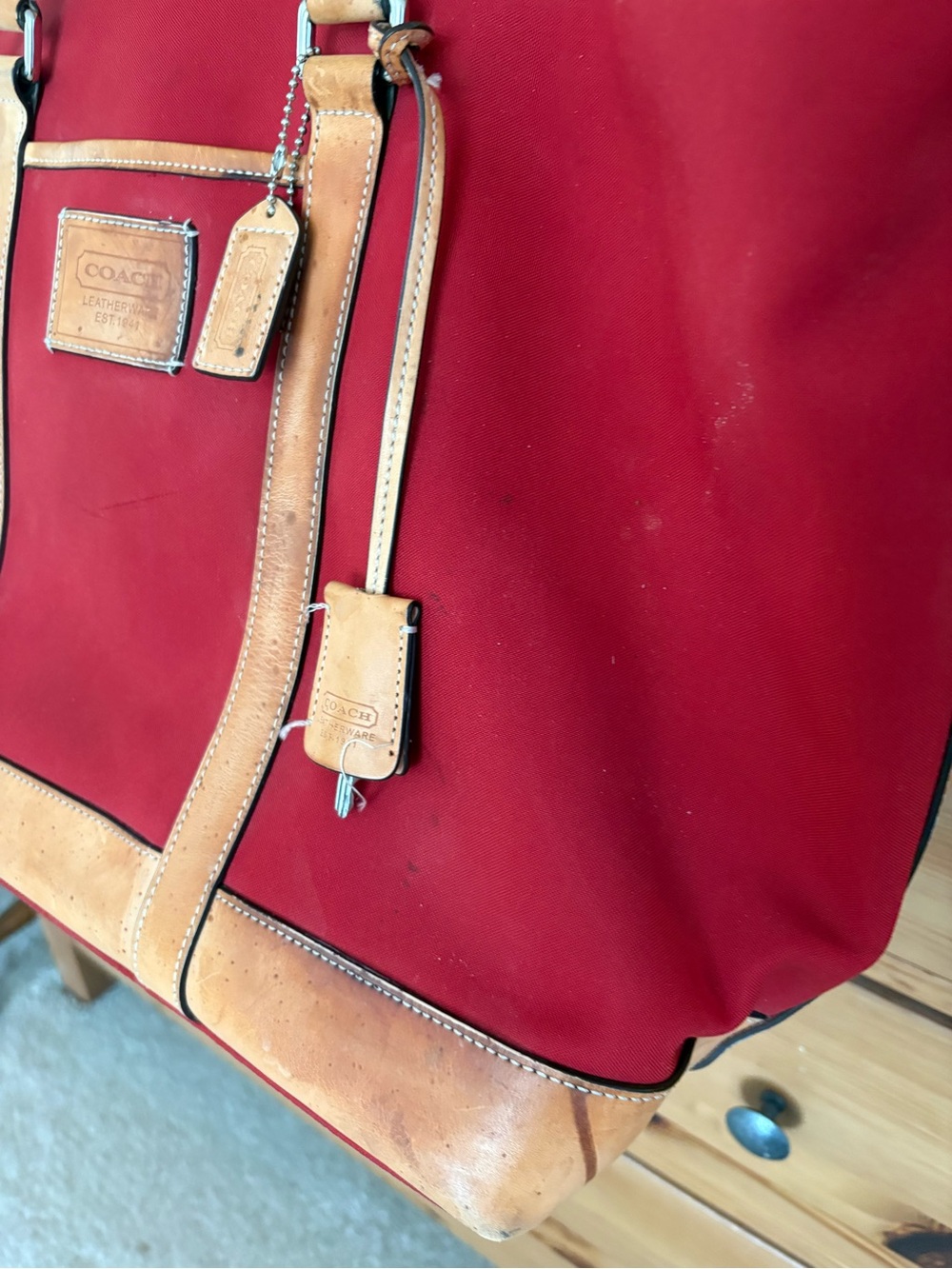 COACH Red Canvas Duffel with Tan Leather Trim - Picture 9 of 13